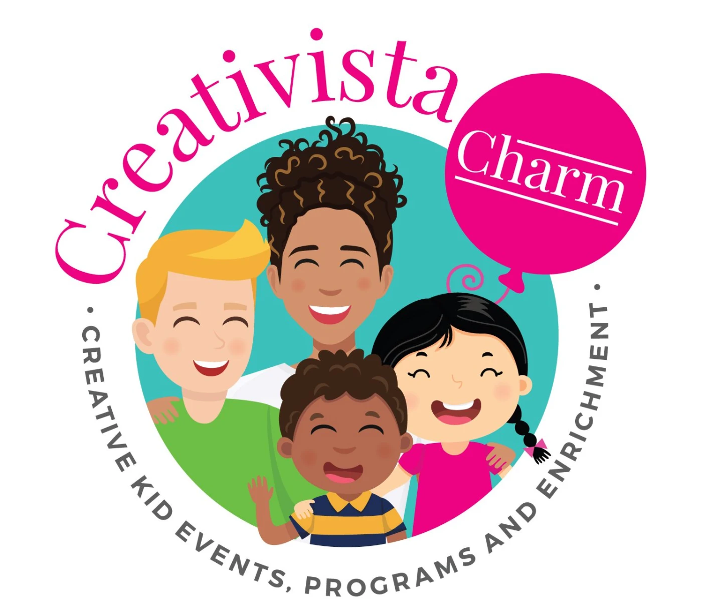 The Creativista Charm logo: four illustrated children inside a teal circle, with a pink balloon reading Charm.